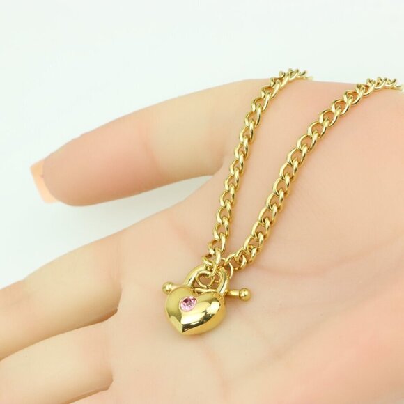 Chunky Gold Chain Necklace with Heart Pendant and Pink Stone, XPNL0372 - Picture 4 of 13